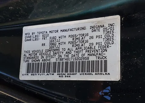 2001 Toyota Tundra Ltd V8 from USA, damaged, VIN 5TBBT48171S202958